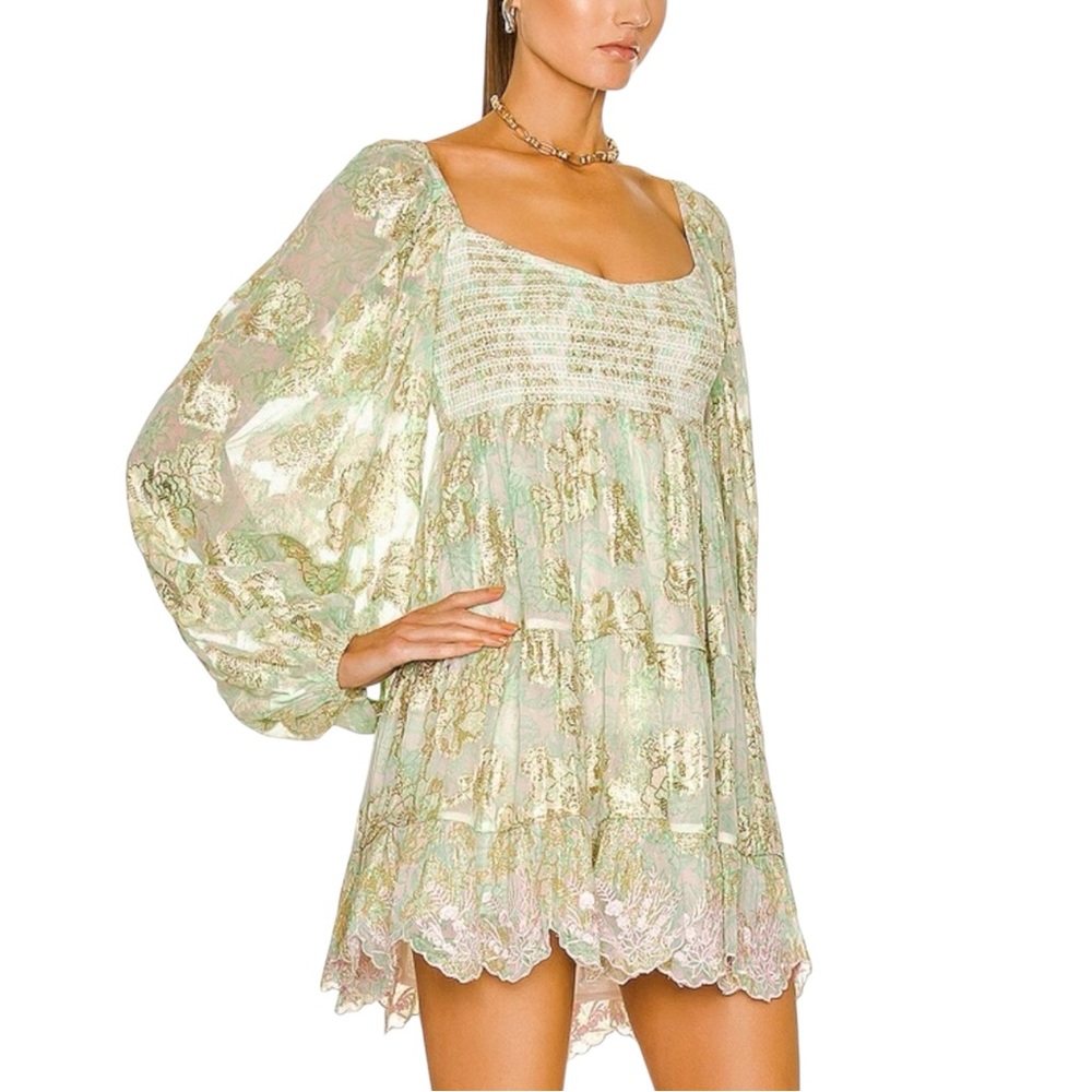 Hemant & Nandita Sidra Green Pink Gold Metallic Long Sleeve Mini Dress sz XS